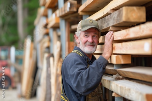 portrait of a craftsman selecting wood from a lumber yard rack
