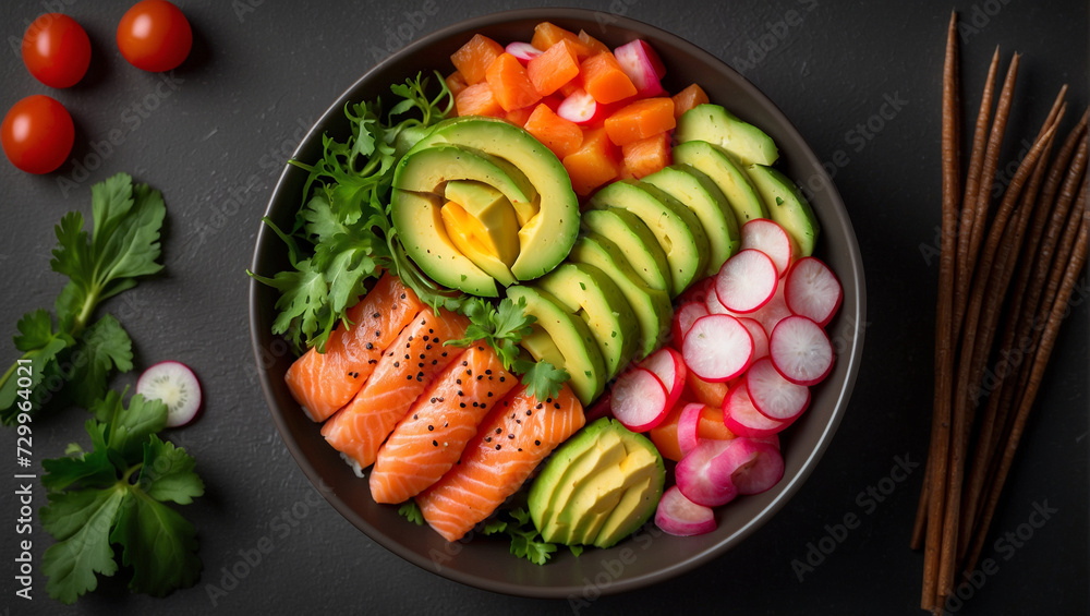 healthy breakfast of red fish, avocado, tomato, radish in a dark plate on a dark background. the concept of proper nutrition. diet, vegetarianism healthy breakfast of red fish, avocado, tomato, radish in a dark plate on a dark background. the concept of proper nutrition. diet, vegetarianism