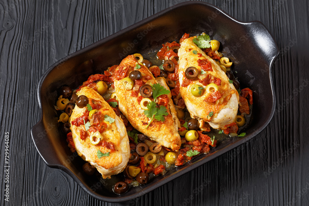 chicken breasts with vegetables, olives, top view chicken breasts with vegetables, olives, top view