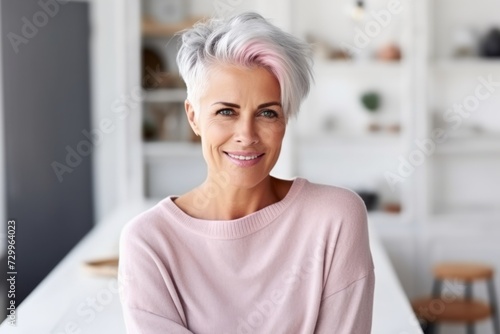 Portrait of smiling mature woman in casual clothes looking at camera at home