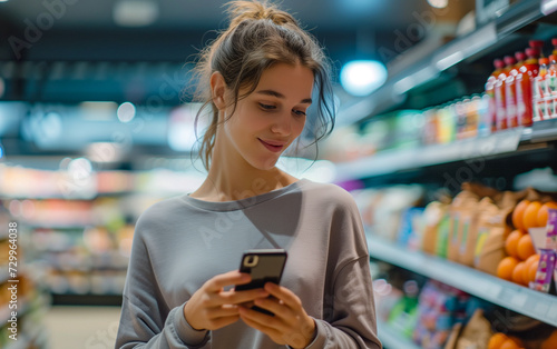 A woman in the supermarket checks the shopping list on her phone