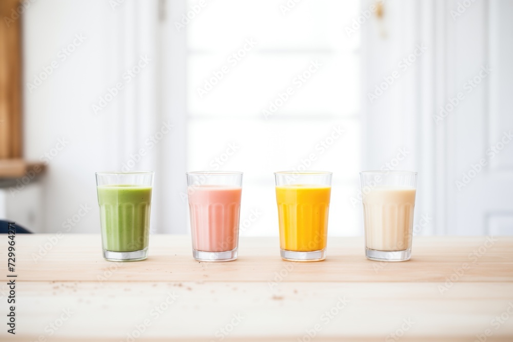 array of detox smoothies in clear glasses, different colors array of detox smoothies in clear glasses, different colors