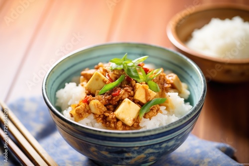 mapo tofu in a ceramic bowl with rice