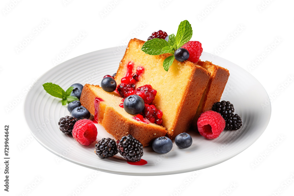 pound cake sliced on a plate served with berries isolated on transparent background Remove png, Clipping Path, pen tool, white pound cake sliced on a plate served with berries isolated on transparent background Remove png, Clipping Path, pen tool, white