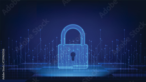 cyber security technology concept. digital padlock with virtual screen on dark blue background. privacy data protection symbol