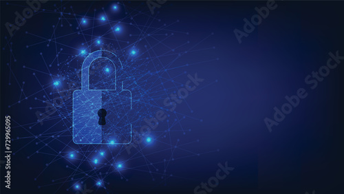 cyber security technology concept. digital padlock with virtual screen on dark blue background with copy space. privacy data protection symbol