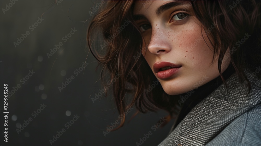 Close-up of a woman wearing a grey blazer looking at the camera. Businesswoman with short black hair with grey walls and raindrops in the background. Created with Generative AI. Close-up of a woman wearing a grey blazer looking at the camera. Businesswoman with short black hair with grey walls and raindrops in the background. Created with Generative AI.