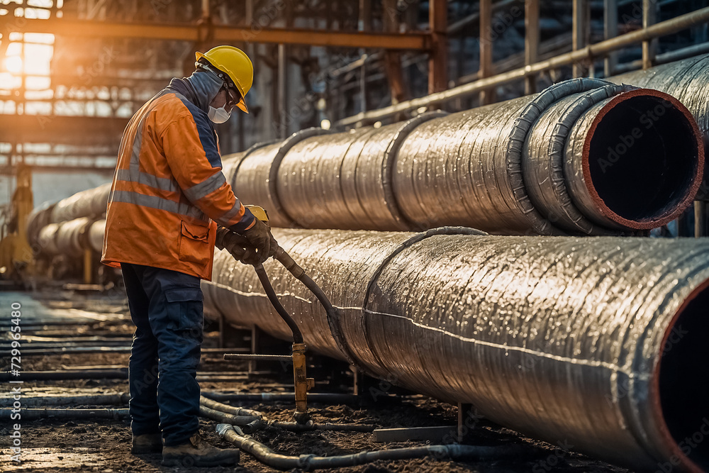 Insulation Engineer Skilled Workers Mastering Thermal Insulation on Industrial Pipelines ...
