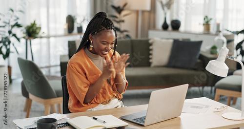 Black woman, success in home office and celebration at laptop for remote work, social media or excited blog. Happy girl at desk with computer for winning email, achievement and good news in freelance