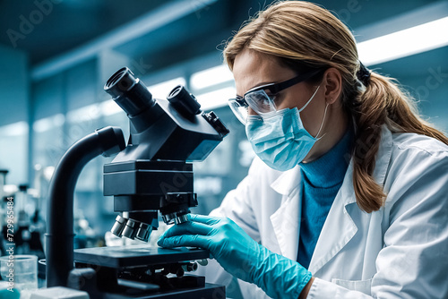 Portrait of a Female Scientist. Dedicated Woman in Laboratory, Wearing Mask and Gloves, Gazing into the Microscope. Concept of Precision, Expertise, and Discovery