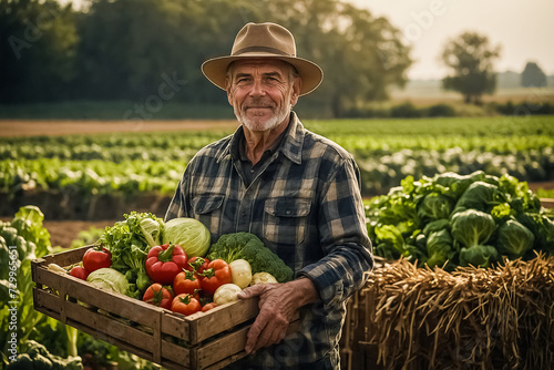 Mature Farmer Proudly Carrying a Crate Overflowing with Freshly Harvested Vegetables. Hard working Farmer Showcasing the Fruits of Labor. Concept of a Local Produce, and Healthy Eating