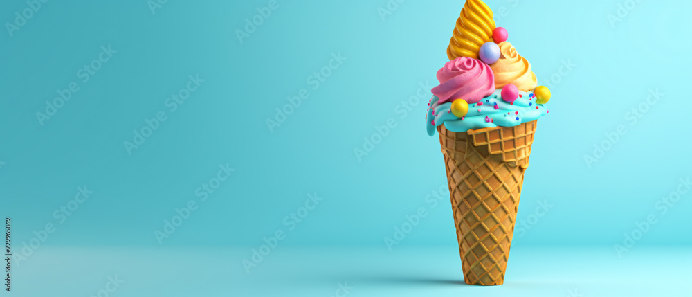 Colorful ice cream cone on blue