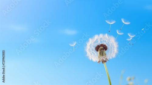 Delicate dandelion seed head floating against a clear blue sky