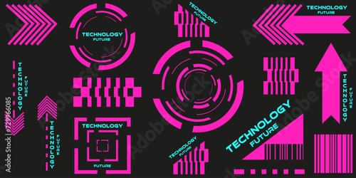 Set neon Cyberpunk Geometric element isolated black background. Acidic Technology future Geometrical shapes. Vector illustration can used web social media and mobile app design. EPS 10