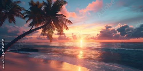 beautiful sunset on the beach with coconut tree silhouette