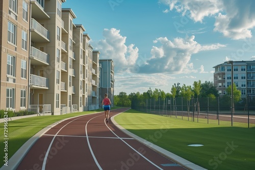 person jogging on apartment complex track