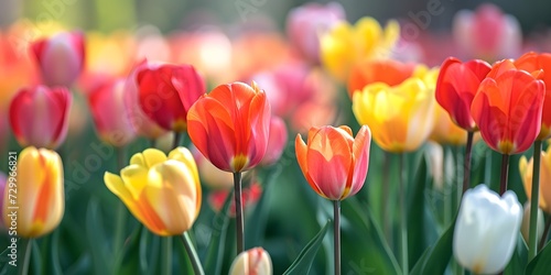a closeup shot of tulips with red  orange  and yellow colors on a sunny day