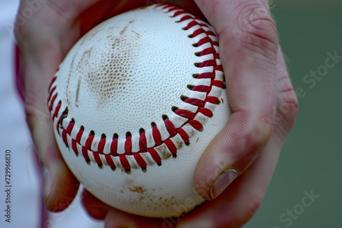 closeup of pitchers hand gripping baseball with seams visible photo