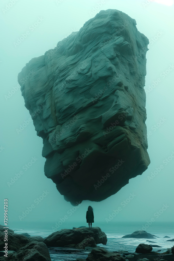 Anxiety, fear, depression. A solitary figure stands beneath a levitating boulder of rock in a desolate landscape, a metaphor for the threat of mental health issues.