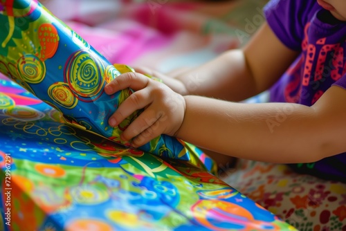 child opening a present, colorful wrapping paper