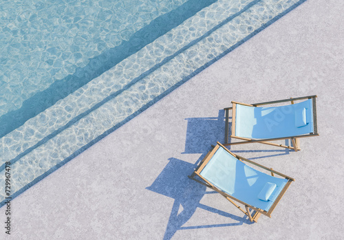 two blue lounge chairs beside a swimming pool casting shadows on the concrete deck under the bright summer sun. Relaxation and resort concept.