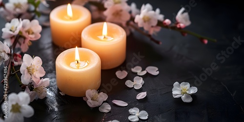 spa still life burning candles and sakura flowers on black background