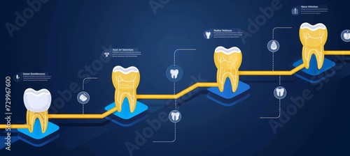 Illustrated infographic of tooth implant procedure stages with space for caption at the bottom photo