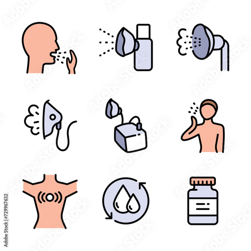 Vector set of nebulizers of different types. Vector illustration. Nebulizer signs collection. Medical equipment for inhalation in the diseases, asthma, bronchitis