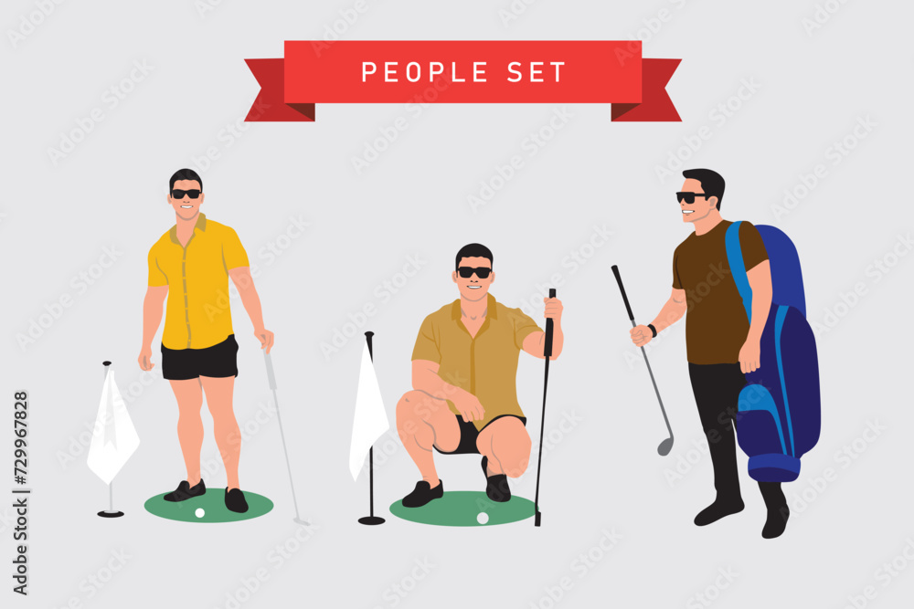 Set of golfers with golf equipment. Vector illustration in flat style