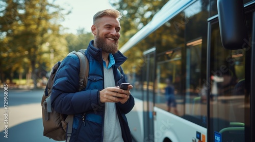 Smiling bearded man using smartphone while waiting at bus station in urban city environment