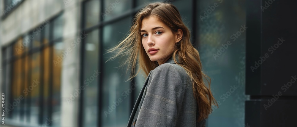 A woman wearing a grey blazer looking at the camera. Blonde businesswoman in front of a mirrored office. Blur background, successful woman, long hair woman. Created with Generative AI. A woman wearing a grey blazer looking at the camera. Blonde businesswoman in front of a mirrored office. Blur background, successful woman, long hair woman. Created with Generative AI.
