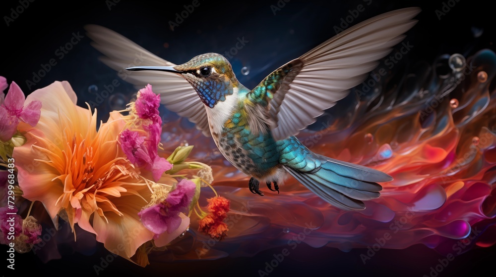 Fototapeta premium Hummingbird Hovering Over Delicate Blossoms
