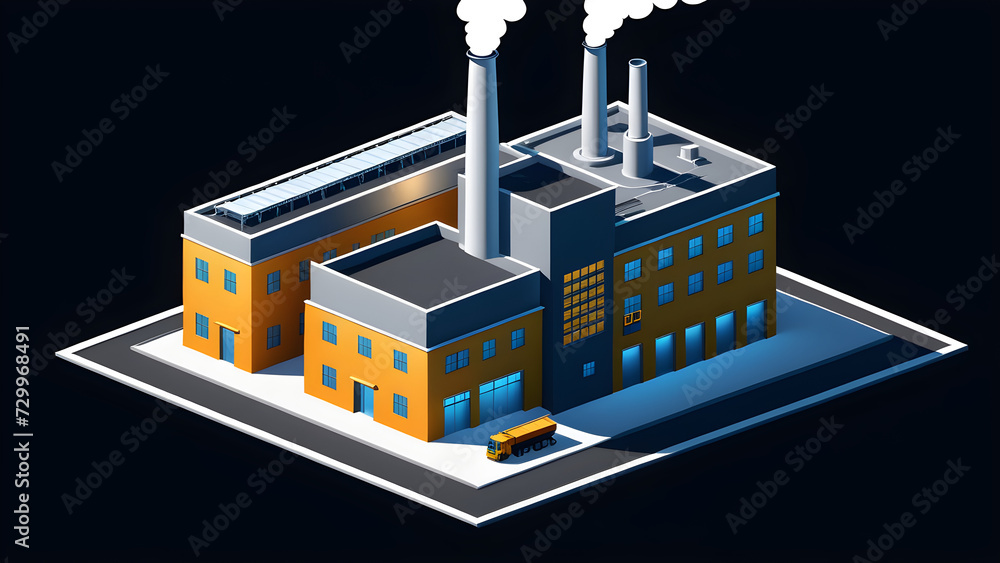 factory building 3d isolated on a black background. with black copy space. plant in factory
