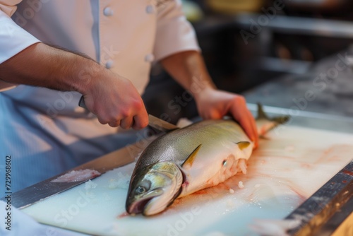 chef showing the proper way to fillet a fish on a table