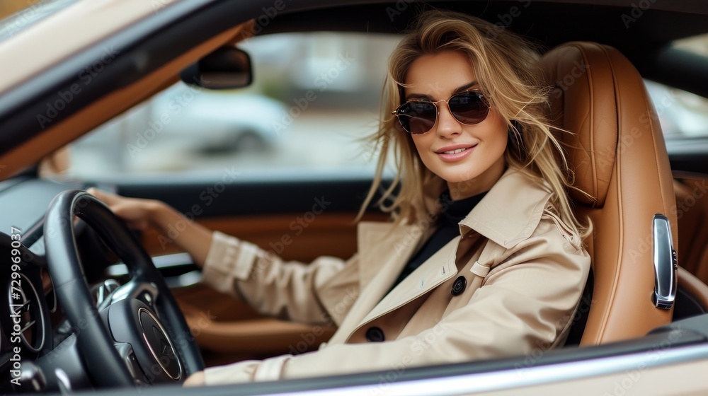 Chic model in white trench coat and sunglasses poses in luxury car, exuding style and elegance.