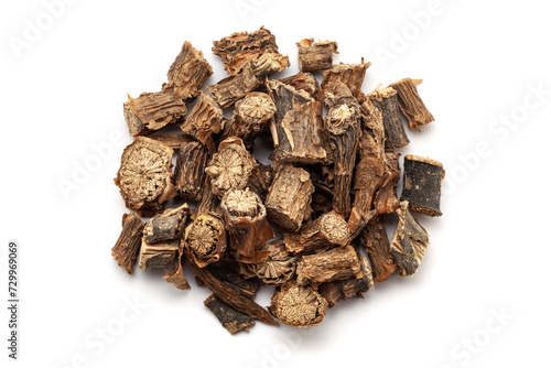 A pile of Dry Organic Gulvel or Giloy (Tinospora cordifolia) herbs (Heart-leaved moonseed, guduchi, giloy, crispa), isolated on a white background. Top view