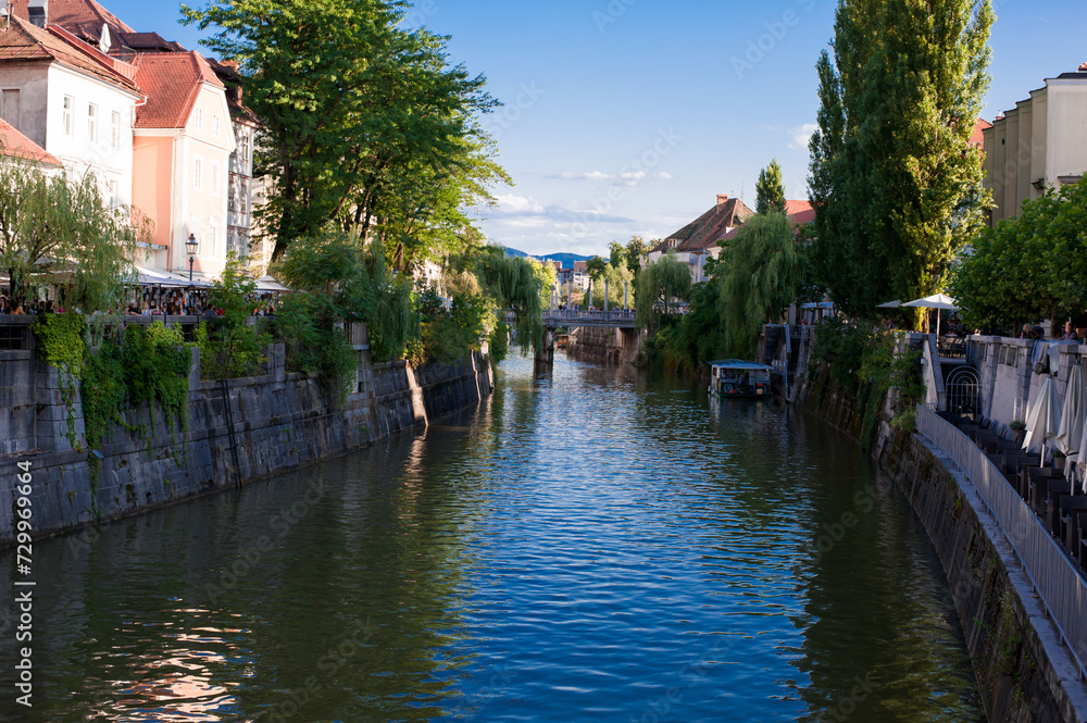 facade of the street on the banks of Ljubljanica in the center of the old town