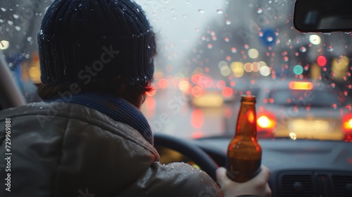 Reckless behavior  young man driving under the influence with beer bottle in hand, endangering lives