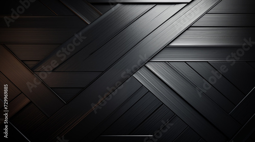 Interlaced dark wooden planks herringbone pattern. Spotlight black wall of building metallic texture abstract background design. Flooring interior styling backdrop textured wallpaper photo