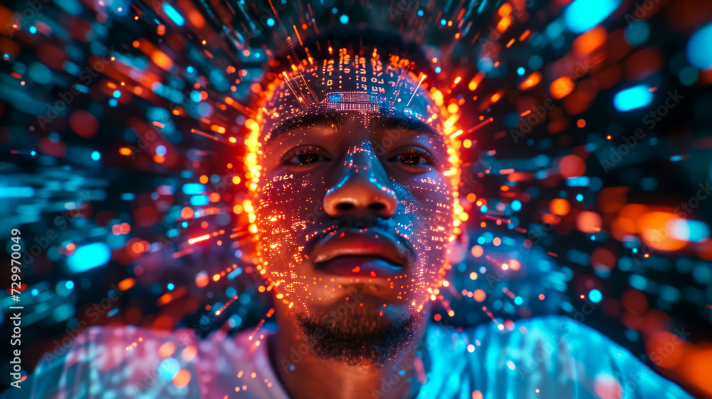 general shot of a man in a white T-shirt, an analyst with an implanted chip plunges into a tornado of information on the network, visualization of communications on the Internet general shot of a man in a white T-shirt, an analyst with an implanted chip plunges into a tornado of information on the network, visualization of communications on the Internet