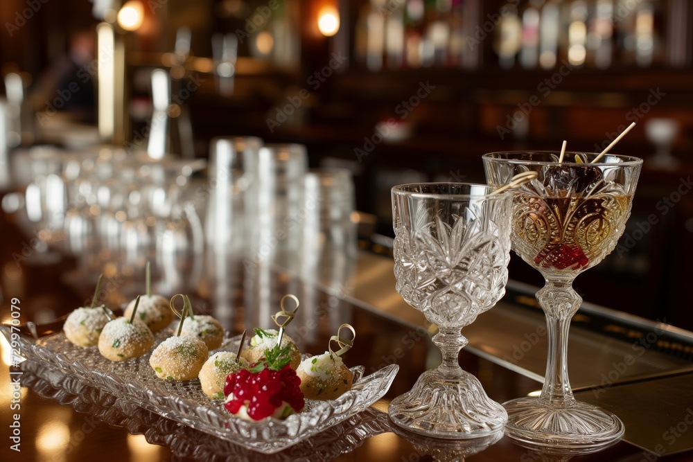 elegant hors doeuvres next to crystal cocktail glasses on a bar