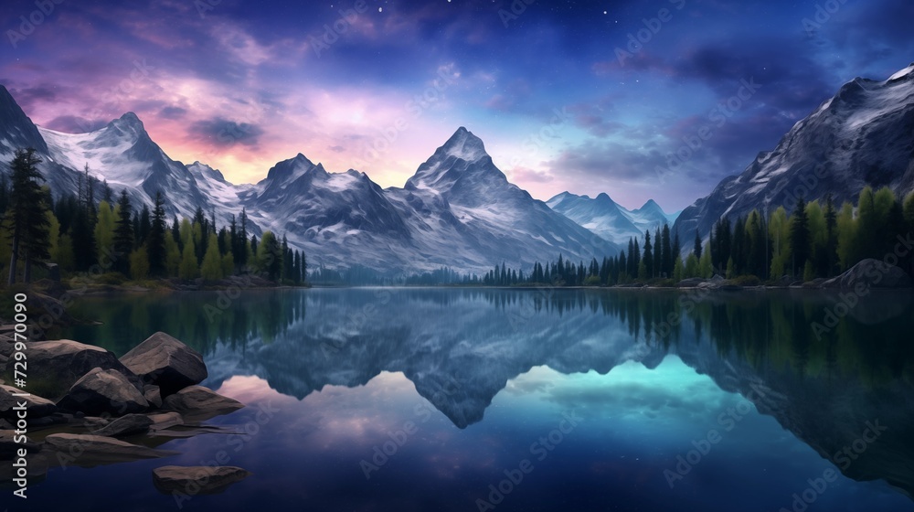 Mountain Lake Reflecting a Starry Night Sky