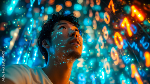 Bottom angle shooting, poster idea about visualizing the interaction between artificial intelligence and humanity, portrait of a young man in neon light from data projection, conceptual poster