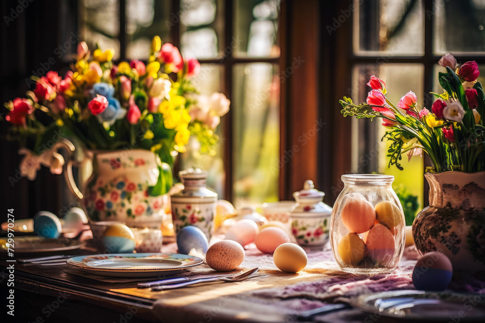 A soft morning light streams through a window, illuminating a beautifully decorated Easter table set with colorful eggs, fresh flowers, and a traditional Easter feast. Generated AI.
