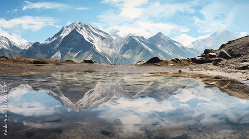 Mountain Range Reflected in Upward-Looking Puddle
