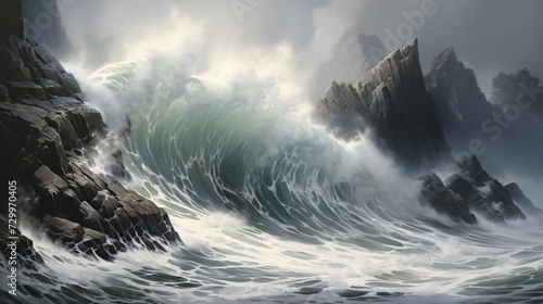 Ocean Wave Crashing Against Rugged Cliffs