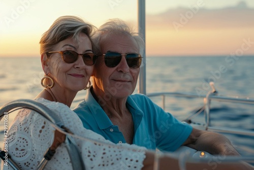 image of serious senior couple enjoying yacht travel on sea