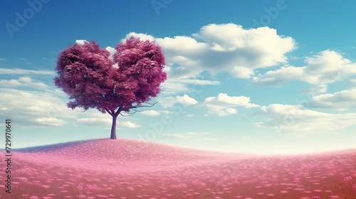 Pink heart tree and pink field under heart shape opening sky to the night landscape  Valentines day card.