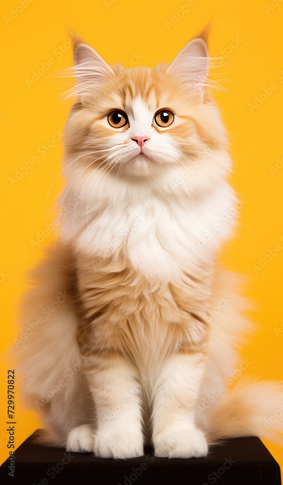a fluffy cat sitting in front of a yellow background. generative ai a fluffy cat sitting in front of a yellow background. generative ai