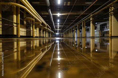 reflective floor showing the shine of overhead lighting
